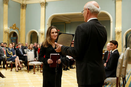 Chrystia Freeland is sworn-in as Canada's foreign affairs minister during a cabinet shuffle at Rideau Hall in Ottawa, Ontario, Canada, January 10, 2017. REUTERS/Chris Wattie