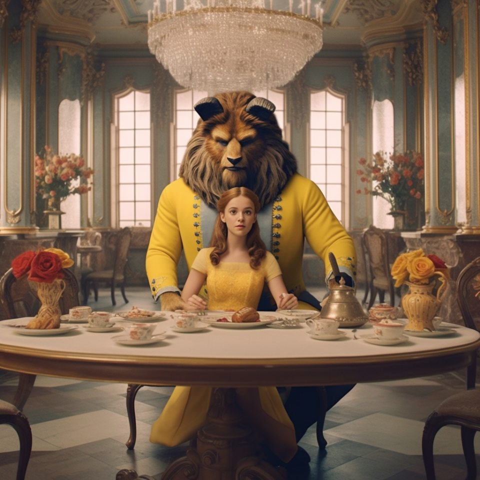 Rendering of "Beauty and the Beast" as a Wes Anderson film