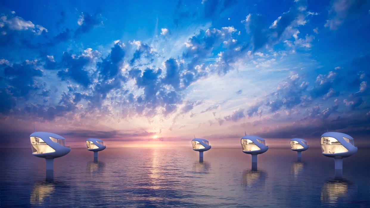 This rendering shoes a small fleet of SeaPods. In 2019, Ocean Builders — an ocean-innovation technology company that develops housing — launched a full-sized prototype floating home 13 miles off the coast of Thailand and suitable for life on the ocean, according to Ocean Builders' website.