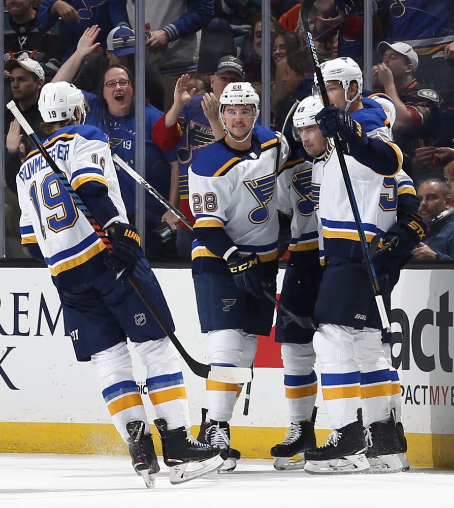 Jay Bouwmeester and St. Louis Blues teammates, Feb. 11 | Debora Robinson/NHLI via Getty Images