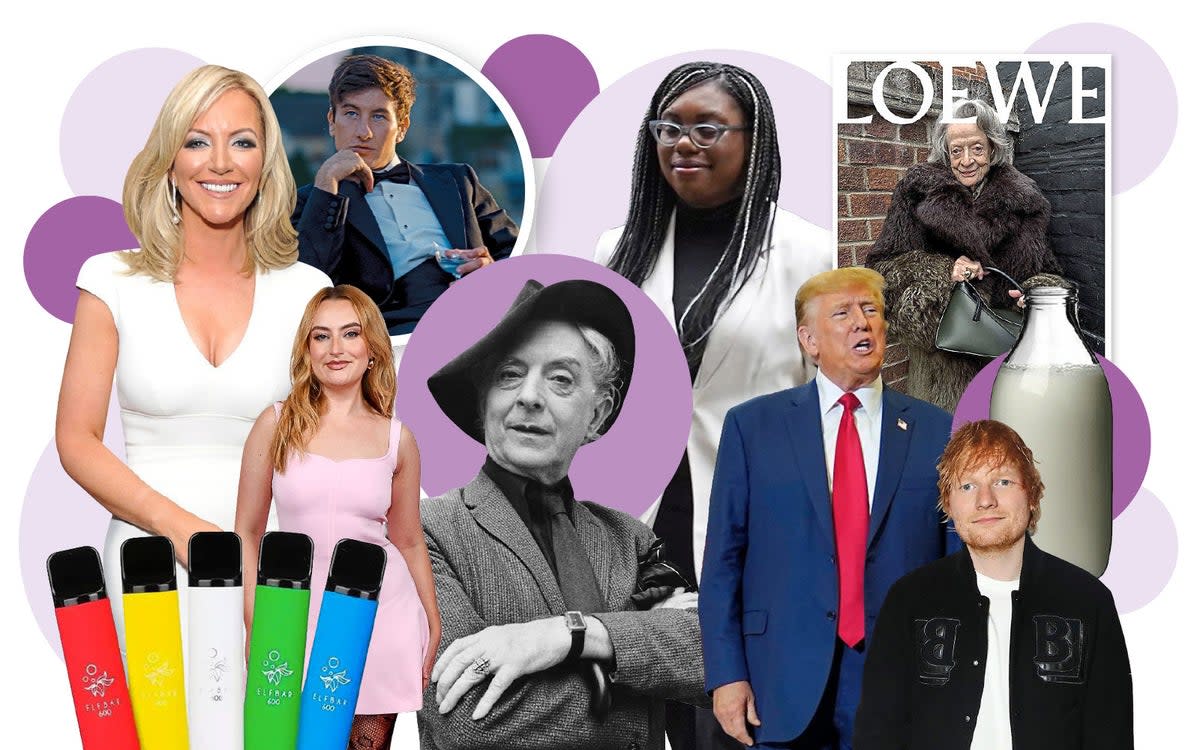 Clockwise from left: Michelle Mone, Barry Keoghan, Kemi Badenoch, Maggie Smith, Ed Sheeran, Donald Trump, Quentin Crisp, Amelia Dimoldenberg, and Elf Bars (Dave Benett; Amazon Content Services; PA; Loewe / Juergen Teller; AP; Getty)