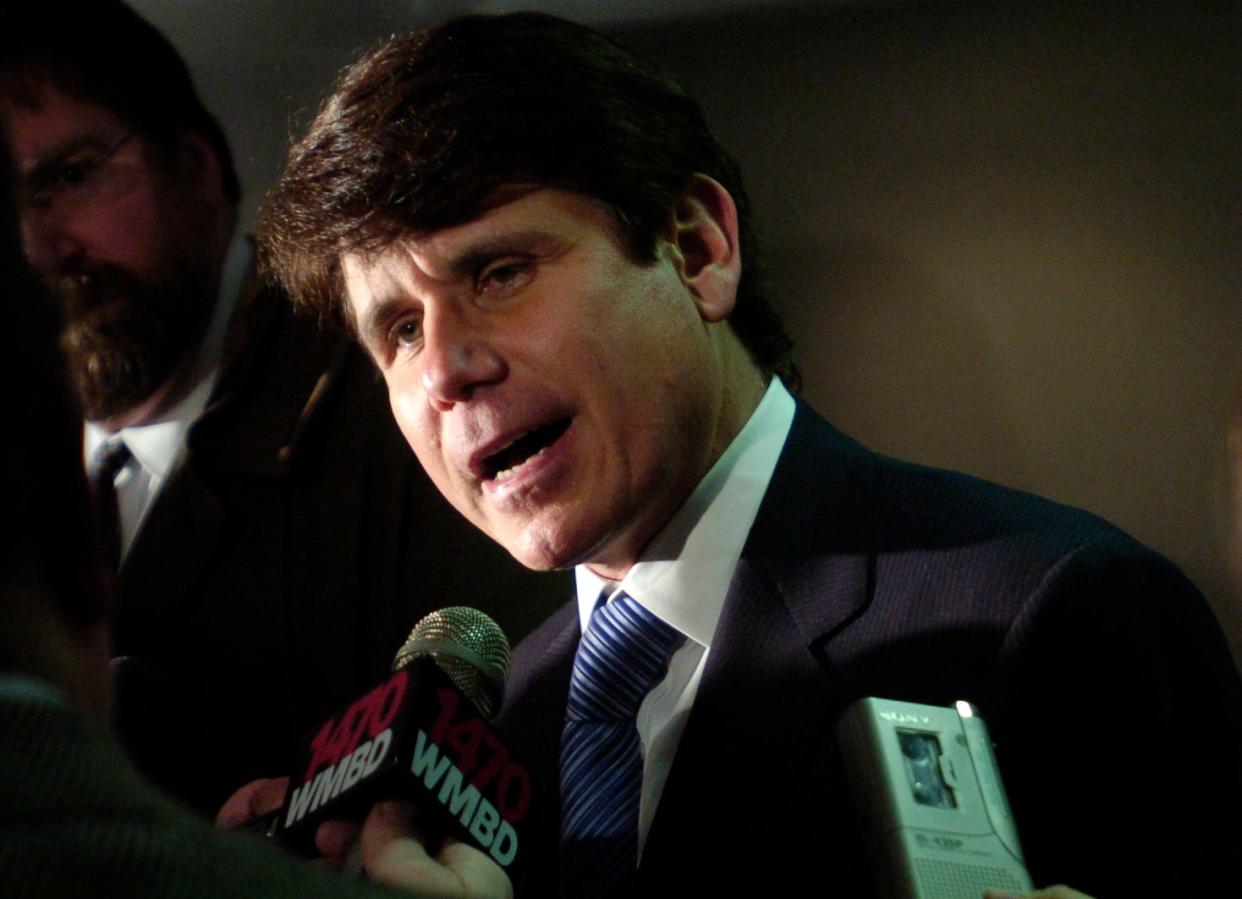 Then-Illinois Gov. Rod Blagojevich speaks with supporters and the press in Peoria in February 2006. Blagojevich recently backed former President Trump during a Mar-a-Lago visit.