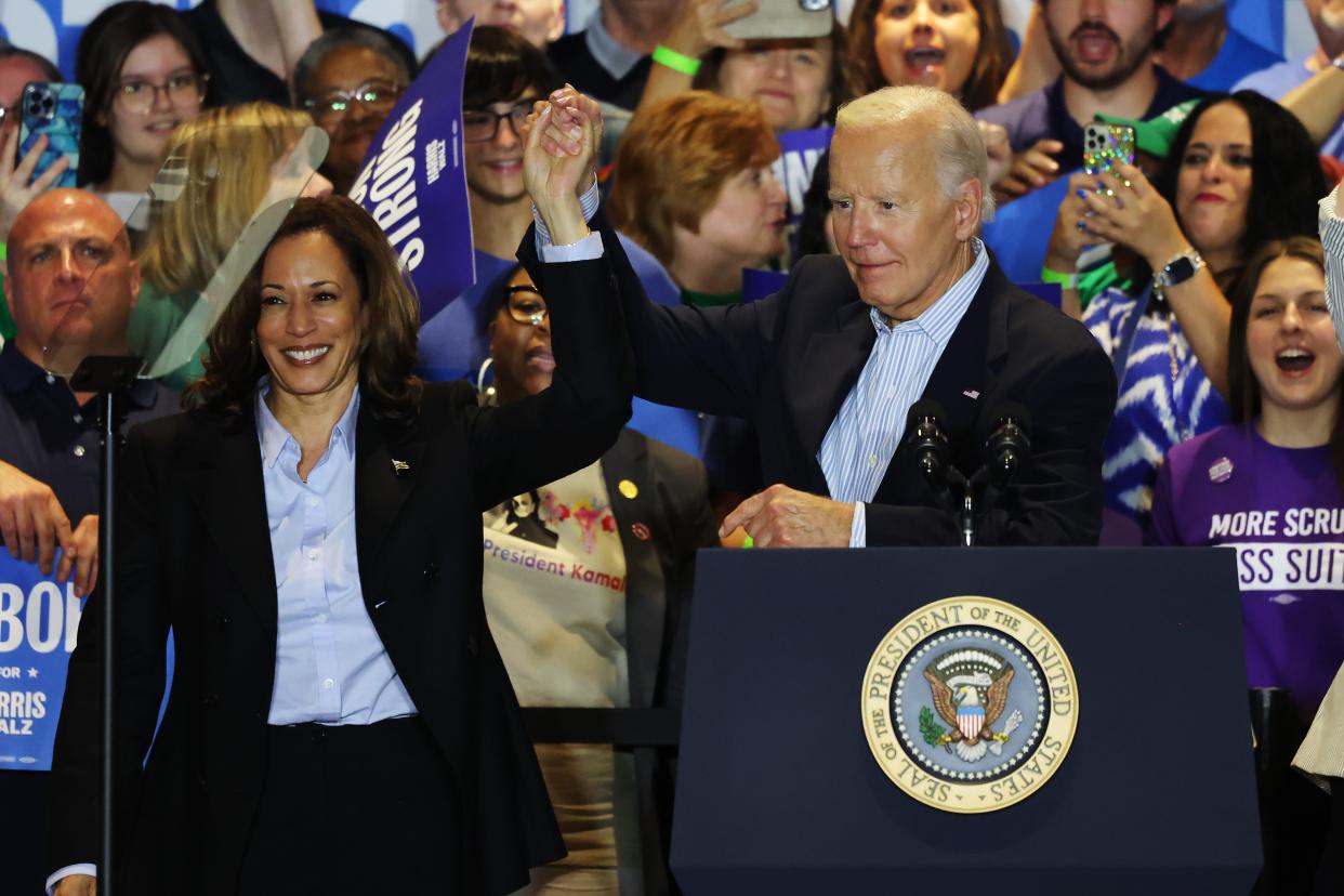 Vice President Kamala Harris and President Joe Biden campaign for her presidency on Sept. 02, 2024, in Pittsburgh.