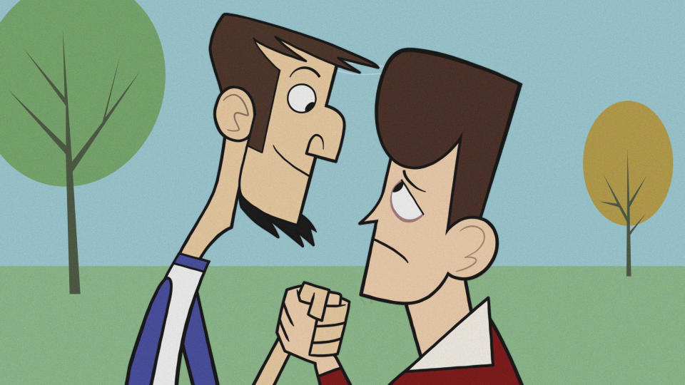 This image released by Max shows animated characters Abe Lincoln, voiced by Will Forte, left, and JFK, voiced by Christopher Miller, in a scene from "Clone High." (Max via AP)