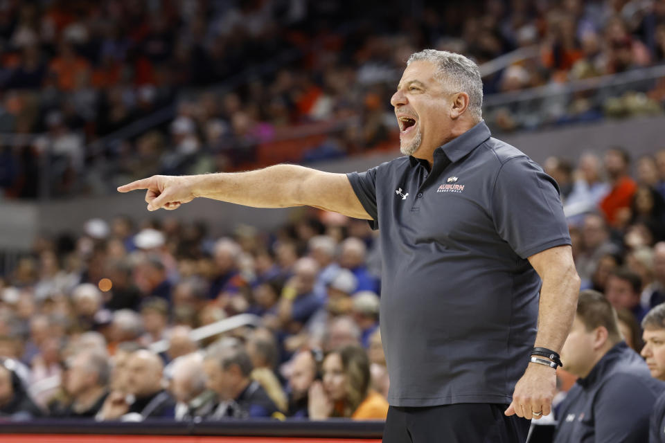 Auburn coach Bruce Pearl reacts to a call during the first half of the team's NCAA college basketball game against South Carolina, Wednesday, Feb. 14, 2024, in Auburn, Ala. (AP Photo/Butch Dill)