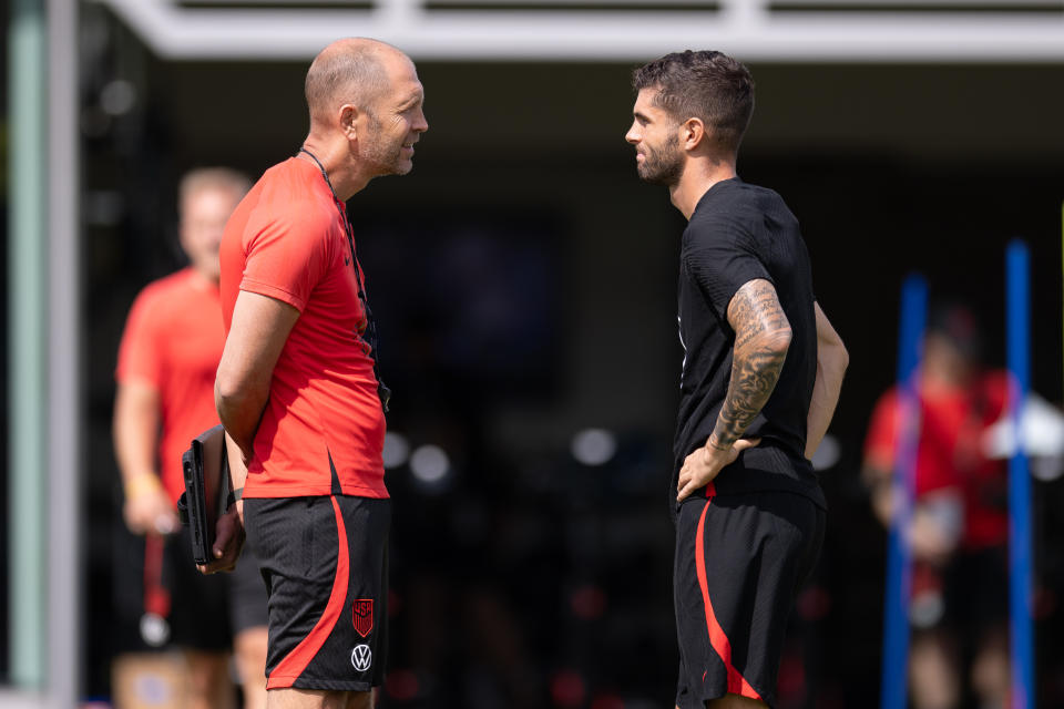 ST. LOUIS, MO - SEPTEMBER 8: (L-R) Head coach Gregg Berhalter and Christian Pulisic of the United States talk during USMNT Training at City Park on September 8, 2023 in    St. Louis , Missouri. (Photo by John Dorton/ISI Photos/Getty Images for USSF)