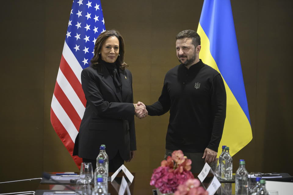 US Vice President Kamala Harris, left, shakes hands with Ukraine's President Volodymyr Zelenskyy during the Summit on peace in Ukraine, in Stansstad near Lucerne, Switzerland, Saturday, June 15, 2024. (Alessandro della Valle/Keystone via AP)