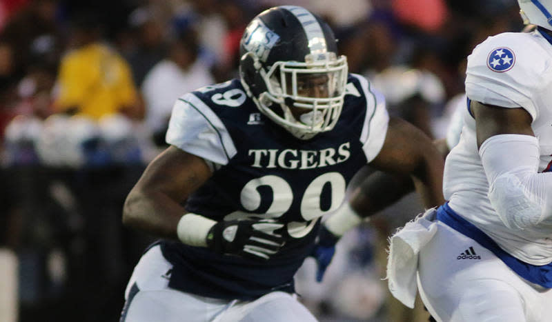 Javancy Jones of Jackson State University uses his speed to rush the quarterback from Tennessee State.