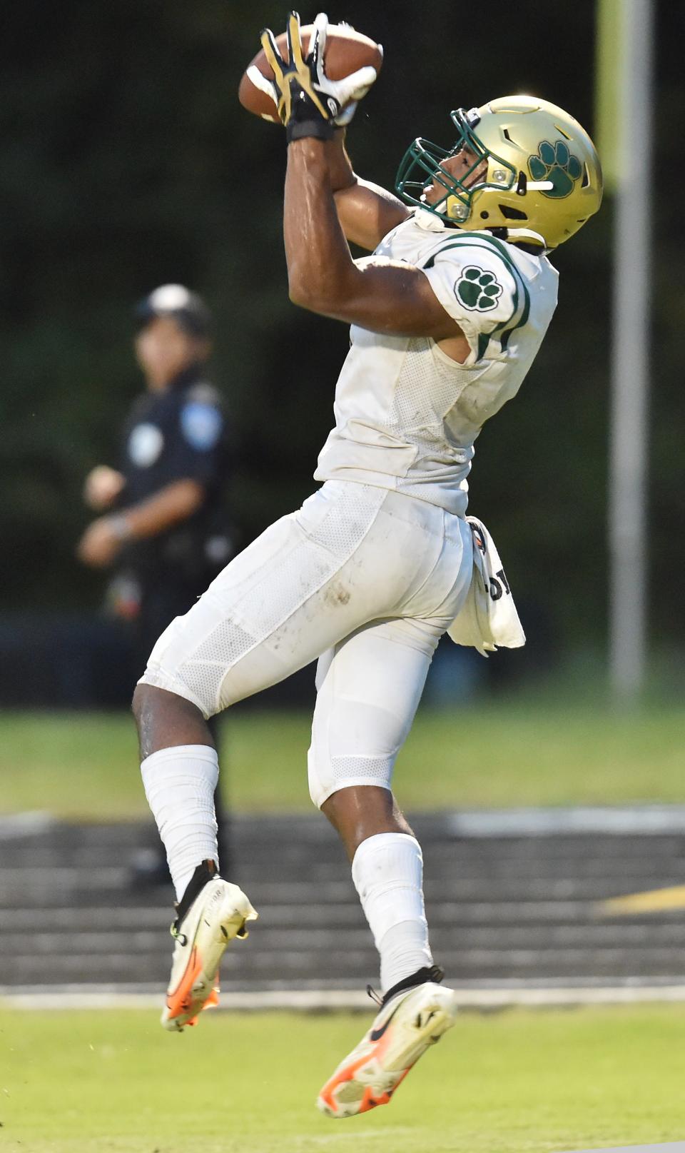 Nease's WR (1) Dom Henry pulls in a pass for a touchdown during second quarter action. Atlantic Coast High School hosted Nease for their football matchup Friday, September 17, 2021.