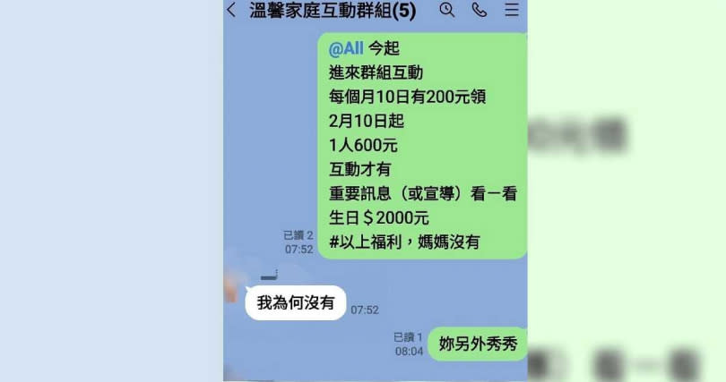 檢視原PO貼出的LINE對話截圖，獎勵方案的受惠者獨漏妻子。（圖／翻攝自「爆廢公社公開版」臉書）