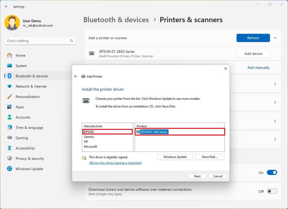 Choose printer driver model and brand