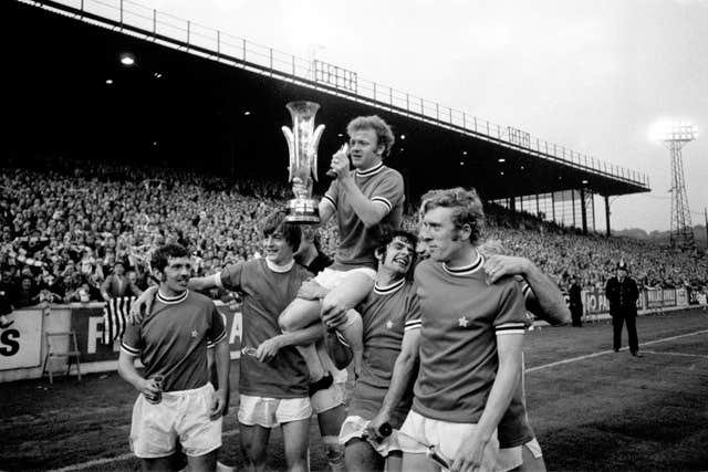 Mick Bates, second right, scored for Leeds in their two-legged Fairs Cup final win against Juventus in 1971 