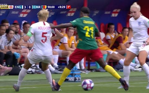 Alexandra Takounda scrapes her foot down Steph Houghton's ankle - Credit: bbc