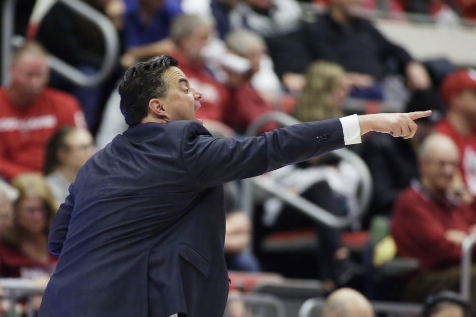 Arizona coach Sean Miller shouts to his players during the second half of an NCAA college basketball game against Washington State in Pullman, Wash., Saturday, Feb. 1, 2020. Arizona won 66-49. (AP Photo/Young Kwak)