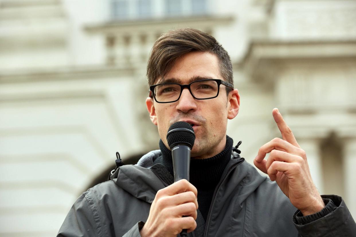 Martin Sellner, leader of the far-right Identitarian Movement in Austria, attends during an Identitarian protest in front of the Justice Ministry on April 13, 2019 in Vienna, Austria. (Photo: Imago via ZUMA Press)