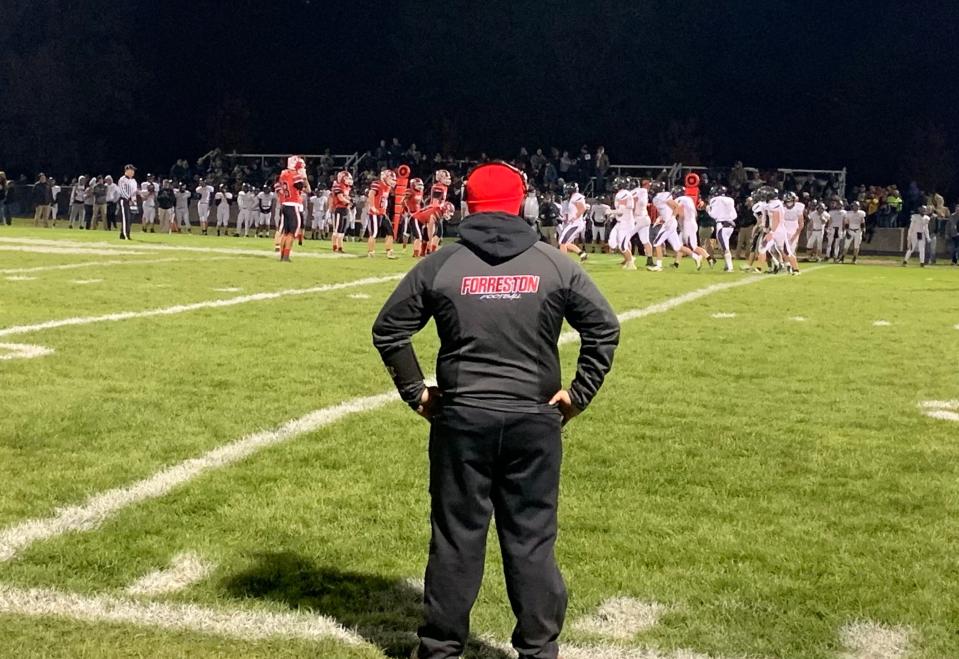 Forreston head coach Keynon Janicke, shown watching as his team plays out the end of its 38-8 loss to Lena-Winslow in the Class 1A second-round playoff game in Forreston on Saturday, Nov. 6, 2021, has his squad back into the state quarterfinals this postseason.