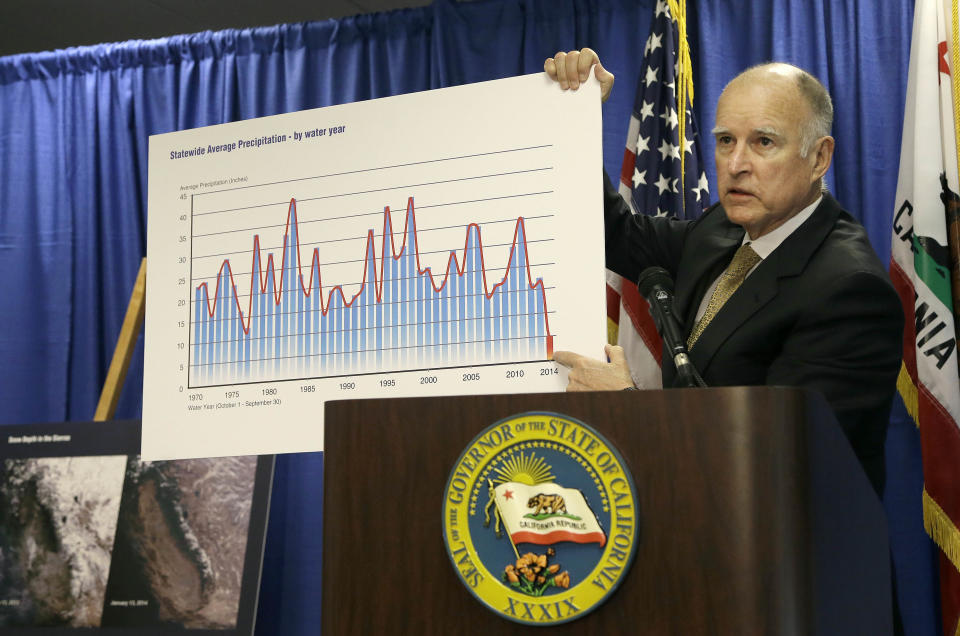 Gov. Jerry Brown holds up a chart showing the statewide average precipitation by water year while declaring a drought state of emergency while speaking in San Francisco, Friday, Jan. 17, 2014. With a record-dry year, reservoir levels under strain and no rain in the forecast, California Gov. Jerry Brown formally proclaimed the state in a drought Friday, confirming what many already knew. Brown made the announcement in San Francisco amid increasing pressure in recent weeks from the state's lawmakers, including Democratic Sen. Dianne Feinstein. (AP Photo/Jeff Chiu)