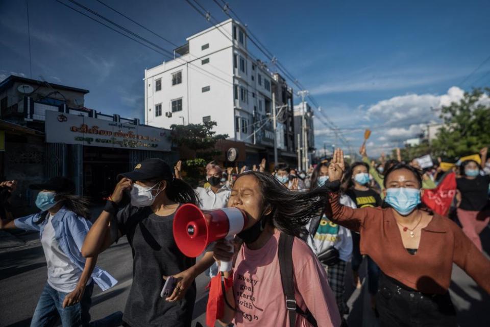 A demonstration against the military coup in Mandalay on 10 July 2021.