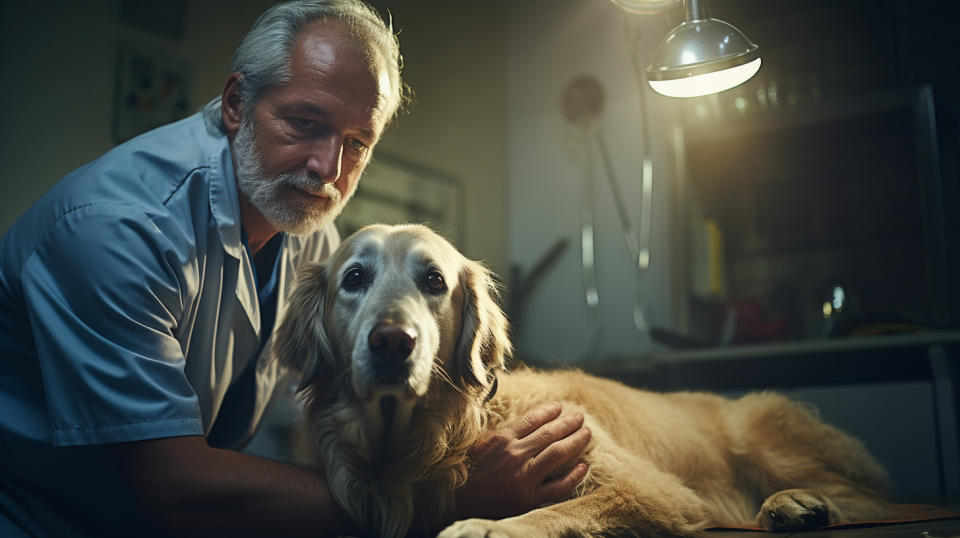 A veterinarian conducting a physical exam on a four-legged patient in a veterinary hospital, highlighting the company's work in veterinary health.