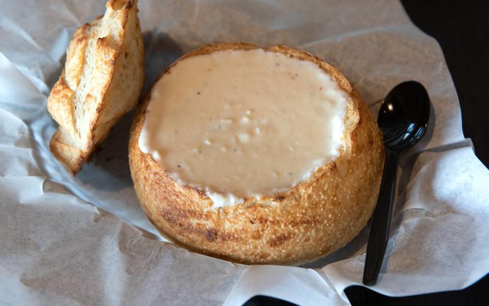 Clam chowder soup at West Coast Sourdough in the Monte Vista Crossings shopping center in Turlock, Calif., Friday, March 17, 2023.