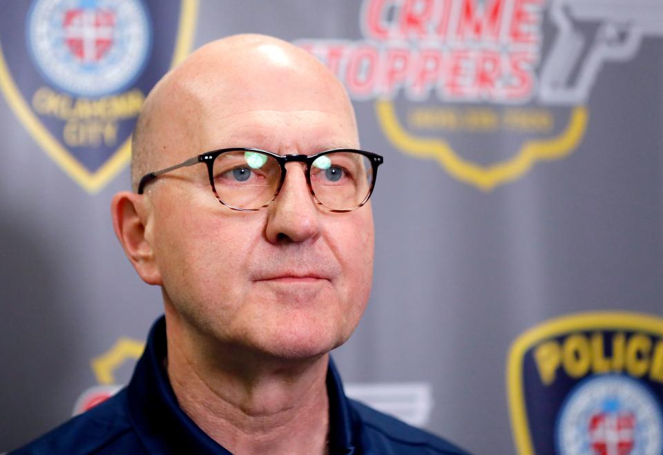 Sgt. Gary Knight speaks to the media Tuesday at the police headquarters in Oklahoma City.