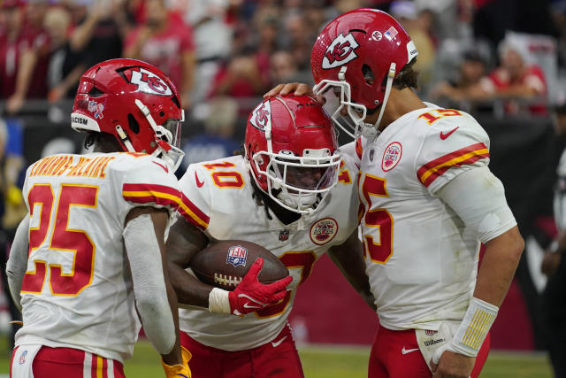 Kansas City Chiefs quarterback Patrick Mahomes (15) celebrates after the  Chiefs defeated the Los Angeles Chargers in an NFL football game Thursday,  Dec. 16, 2021, in Inglewood, Calif. The Chiefs won 34-28. (