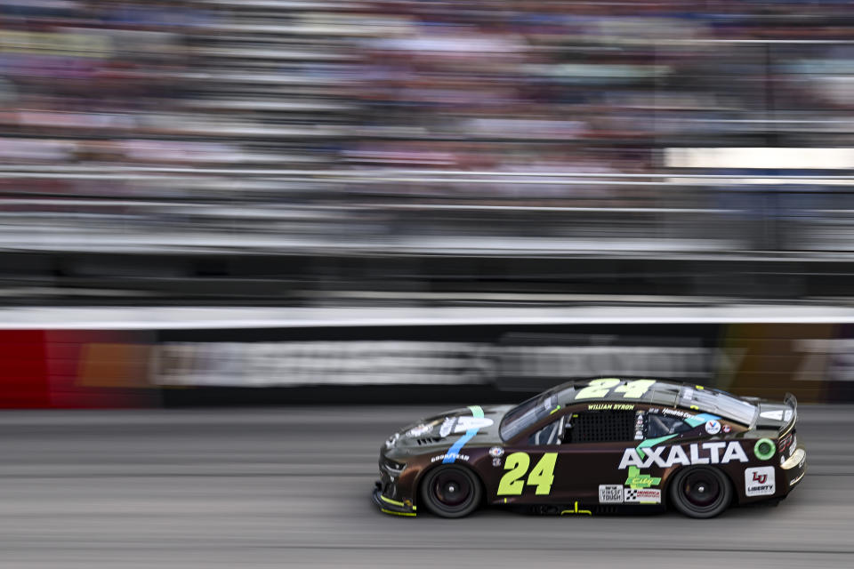 William Byron (24) competes during a NASCAR Cup Series auto race at Darlington Raceway, Sunday, May 14, 2023, in Darlington, S.C. (AP Photo/Matt Kelley)