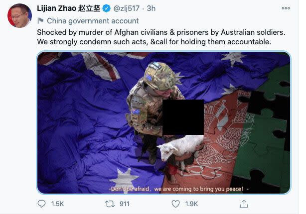 China's Lijian Zhao Tweeted the doctored image on Monday. HuffPost Australia has chosen to black out the image.