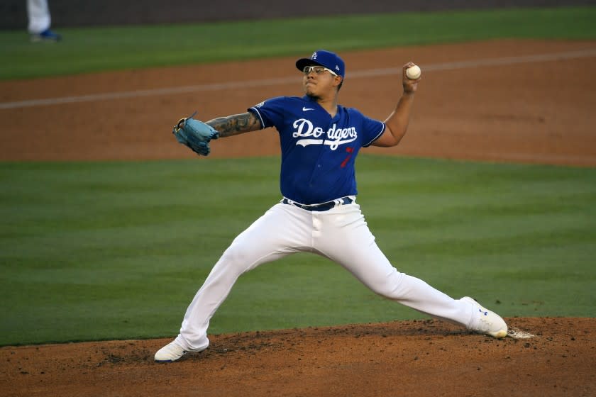 Dodgers pitcher Julio Urias throws during an intrasquad baseball game Wednesday, July 15, 2020, in Los Angeles.