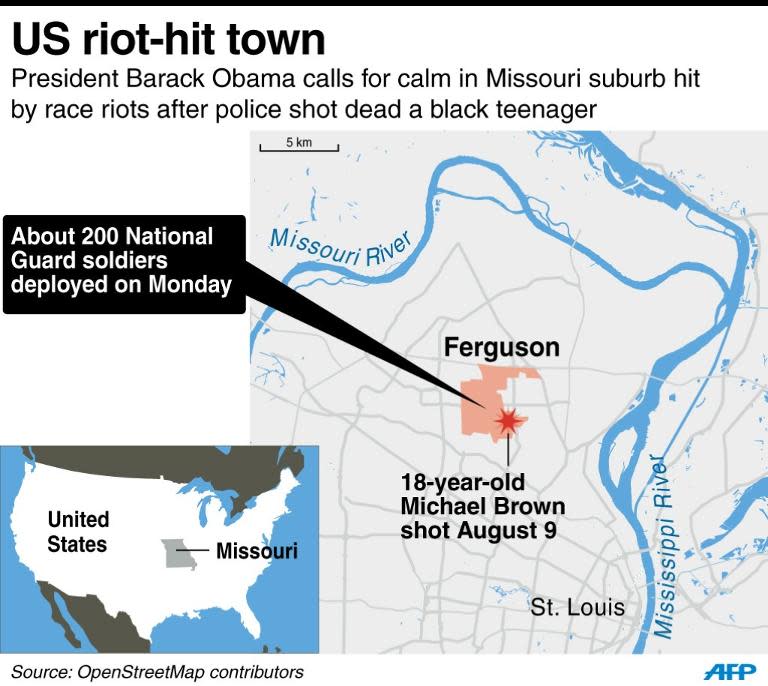 Map locating the US riot-hit town of Ferguson