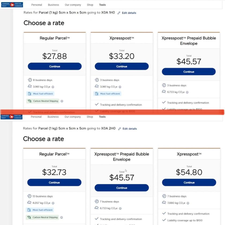 A screenshot taken on Nov. 30 comparing the price difference Canada Post was quoting to deliver the same size package to two different postal codes in Iqaluit. Canada Post says it has since fixed the error and apologized for the mistake.