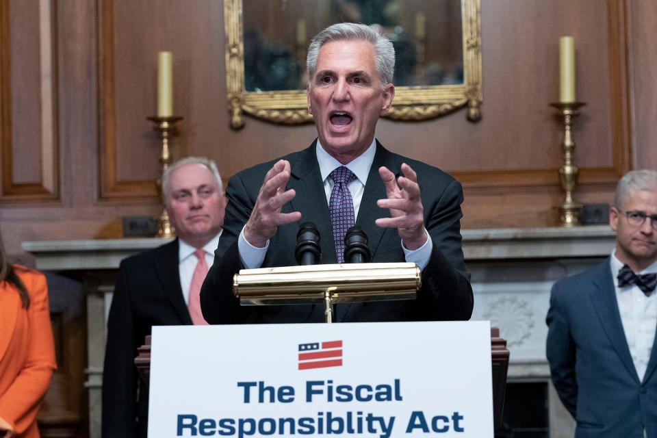 Speaker of the House Kevin McCarthy, R-Calif.,along with other Republican members of the House, speaks at a news conference after the House passed the debt ceiling bill at the Capitol in Washington, Wednesday, May 31, 2023.