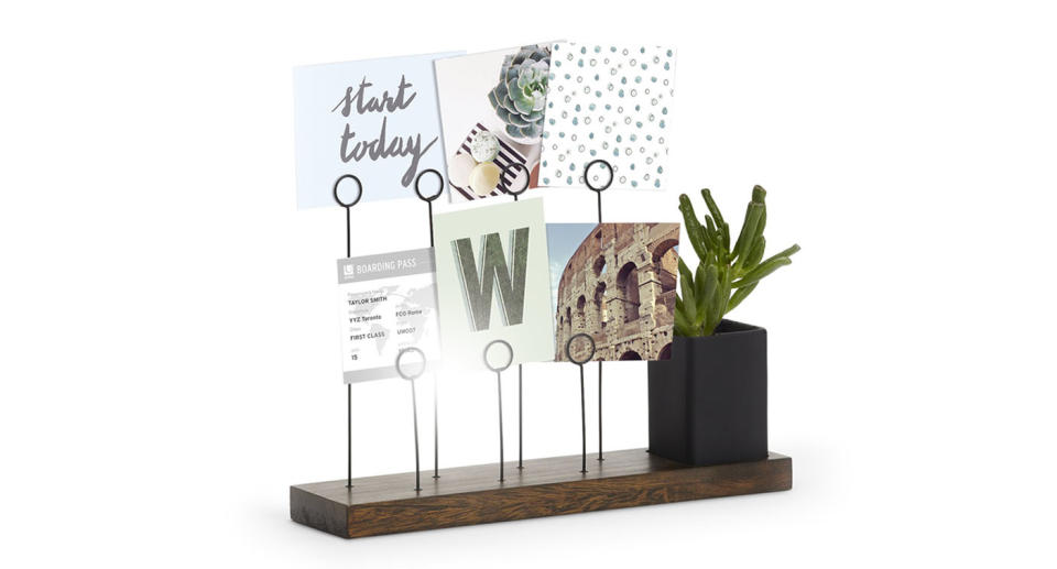 A dynamic photo holder display in aged walnut. Room for 7 photos plus planter and pen holder (Photo: Umbra)