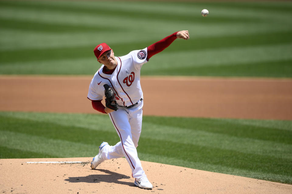 Washington Nationals starting pitcher Patrick Corbin delivers a pitch during the first inning of a baseball game against the New York Mets, Sunday, June 20, 2021, in Washington. (AP Photo/Nick Wass)