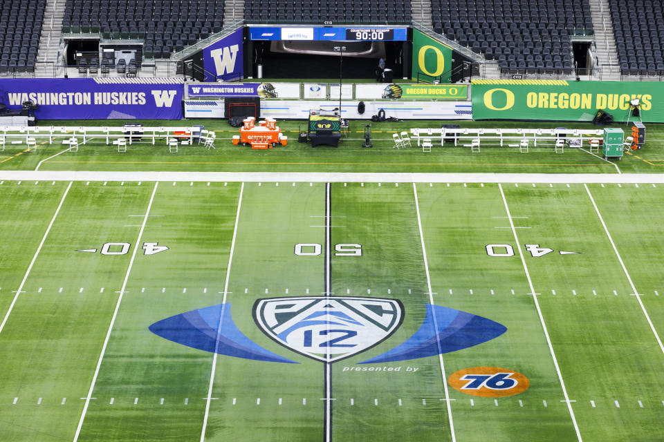 LAS VEGAS, NEVADA - DECEMBER 1: Detail view of a Pac-12, Washington and Oregon logos on the field from an elevated position before the Pac-12 Championship at Allegiant Stadium on December 1, 2023 in Las Vegas, Nevada. (Photo by Ric Tapia/Getty Images)