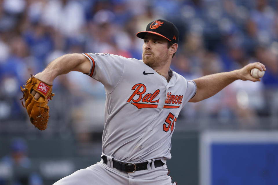 Baltimore Orioles pitcher Bruce Zimmermann delivers to a Kansas City Royals batter during the first inning of a baseball game in Kansas City, Mo., Friday, June 10, 2022. (AP Photo/Colin E. Braley)