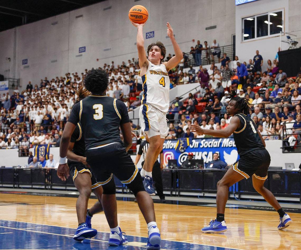 Belen Jesuit’s Javier Rosell (4) attempts a basket during the game against Mainland in the FHSAA boys basketball Class 5A State Championship at the RP Funding Center in Lakeland, Florida on Saturday, March 4, 2023.