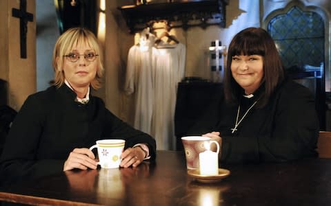 Dawn French as Geraldine (R) and Emma Chambers as Alice in the 2006 Christmas special of The Vicar of Dibley - Credit: BBC