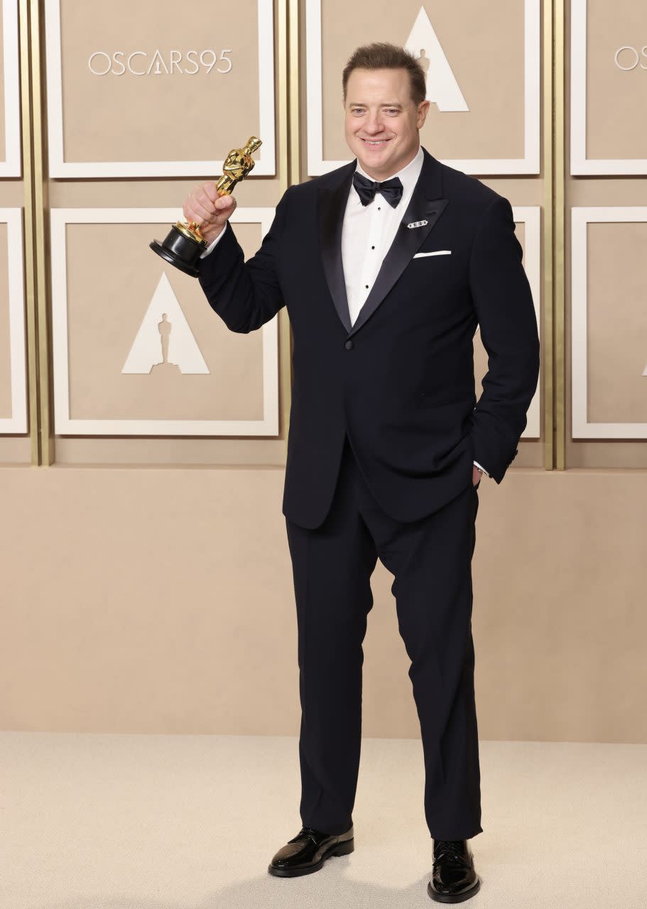 HOLLYWOOD, CALIFORNIA - MARCH 12: Brendan Fraser, winner of the Best Actor in a Leading Role award for ’The Whale’ poses in the press room during the 95th Annual Academy Awards at Ovation Hollywood on March 12, 2023 in Hollywood, California. (Photo by Rodin Eckenroth/Getty Images)