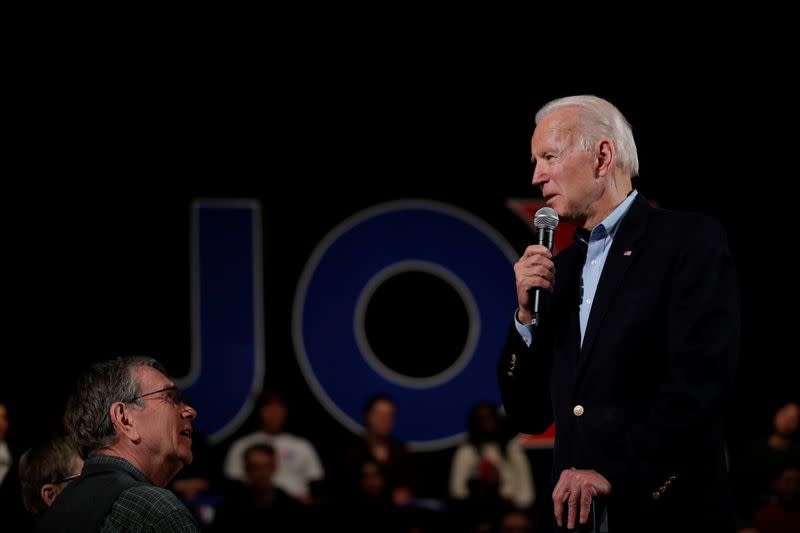 Democratic 2020 U.S. presidential candidate and former Vice President Joe Biden speaks during a campaign event in Iowa City, Iowa, U.S.