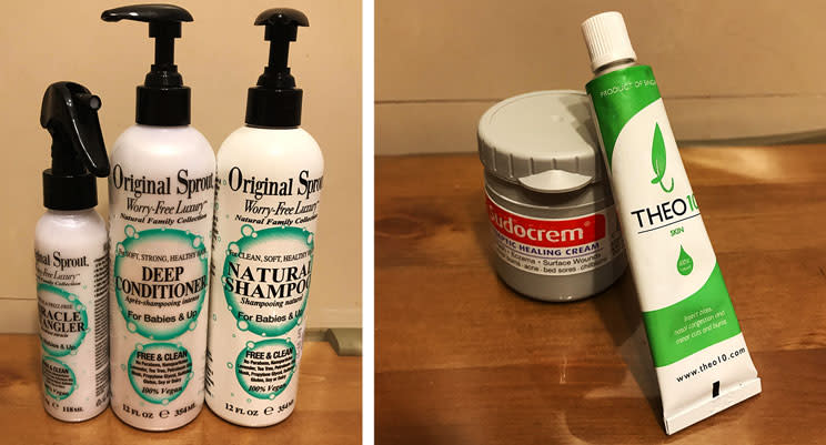 Left: Original Sprout haircare products. Right: Sudocrem diaper cream, and Theo10 for insect bites. Photos: Mummy and Daddy Daycare