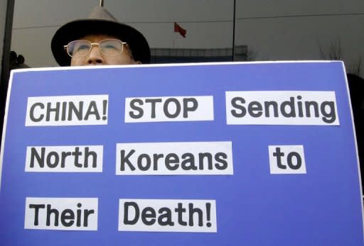 This file photo shows a South Korean human rights activist during a rally against deportation of North Korean defectors, in front of the Chinese embassy in Seoul. South Korea will seek global support at a UN meeting next week in efforts to rescue North Korean refugees recently arrested in China and facing repatriation, the foreign ministry said Tuesday