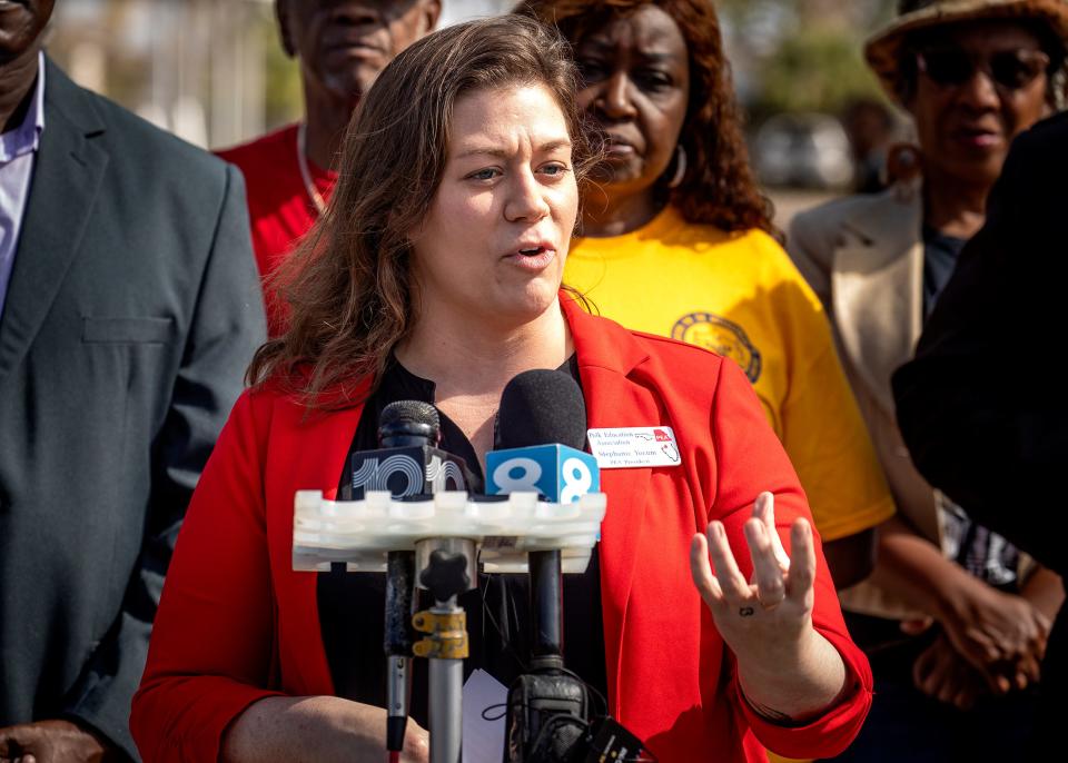 Polk Education Association President Stephanie Yocum said Wednesday at the rally, “In Polk and even statewide, they (teachers) feel like we're in this dystopian reality now that they still can't quite believe that we're here.”