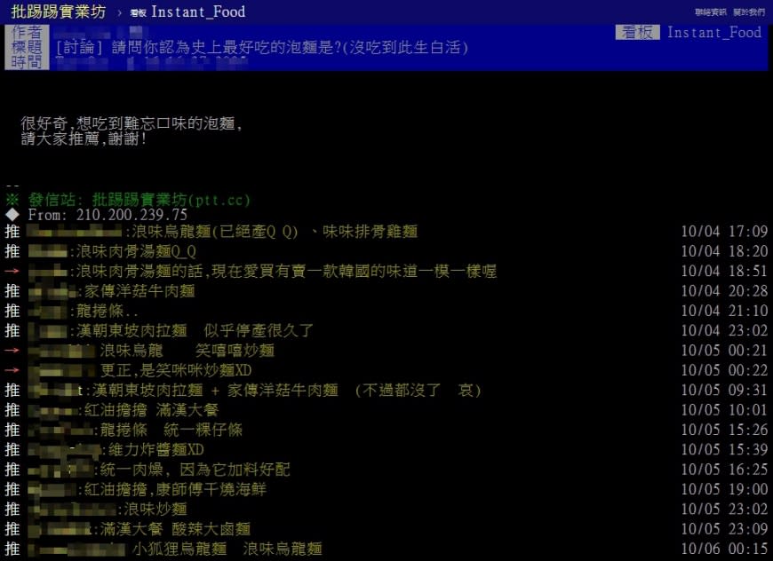 網友好奇問：「大家此生必吃的是哪一款泡麵？」。（圖／翻攝自PTT）