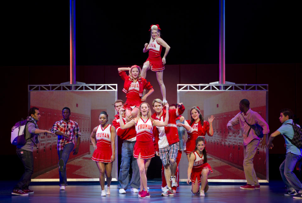 This undated image provided by Joan Marcus shows a scene from "Bring It On: The Musical" in Denver. Producers announced Wednesday, May 16, 2012 that the show written by Lin-Manuel Miranda, Amanda Green and Tom Kitt will come to New York as part of the show's 13-city national tour. Its 12-week stand at the St. James Theatre is set to begin July 12 with an official opening of Aug. 1. (AP Photo/Joan Marcus)