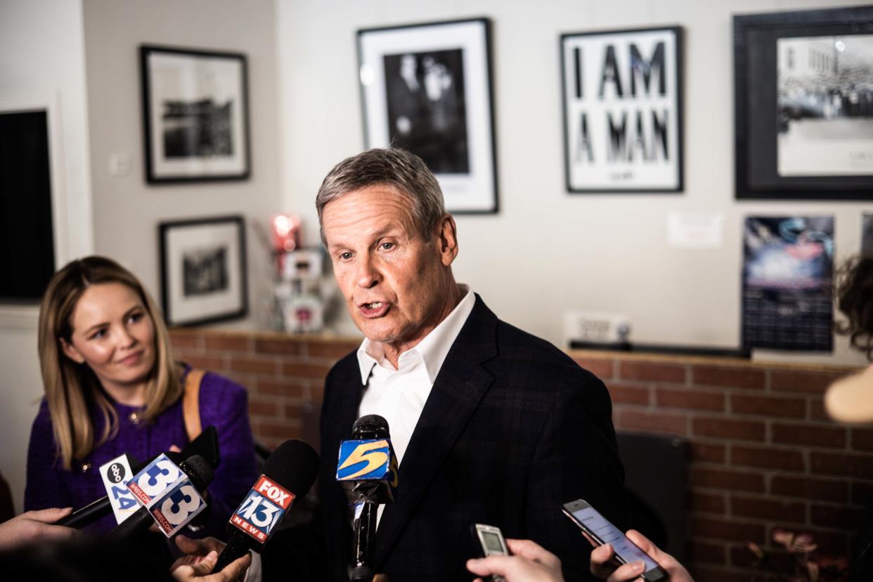 Governor Bill Lee speaks to the press after the announcement, through the partnerships of the Tennessee Department of Tourist Development and Memphis tourism, of the Withers Collection Museum & Gallery becoming a new Tennessee site on the U.S. Civil Rights Trail at 333 Beale Street on Tuesday, Feb. 06, 2024 in Memphis, Tenn.
