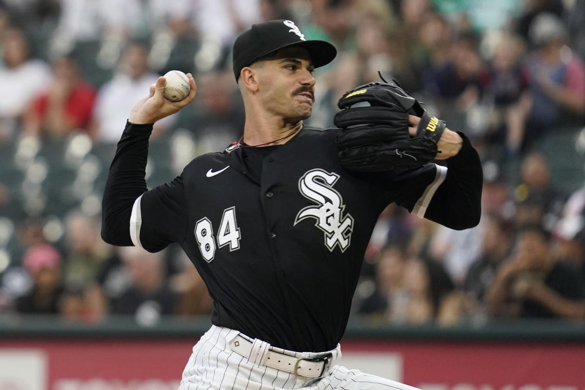 Chicago White Sox starting pitcher Dylan Cease throws to a Houston Astros  batter during the first inning of a baseball game in Chicago, Friday, July  16, 2021. (AP Photo/Nam Y. Huh Stock