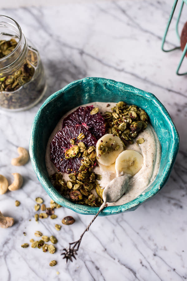 <strong>Get the <a href="http://www.halfbakedharvest.com/roasted-cashew-almond-yogurt-bowl-with-stove-top-matcha-green-tea-granola/" target="_blank">Roasted Cashew-Almond Yogurt Bowl with Stove-Top Matcha Green Tea Date Granola recipe</a> from Half Baked Harvest</strong>