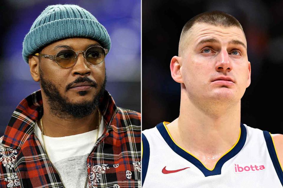 <p>Patrick Smith/Getty; Alex Goodle/Getty</p> Carmelo Anthony and Nikola Jokic