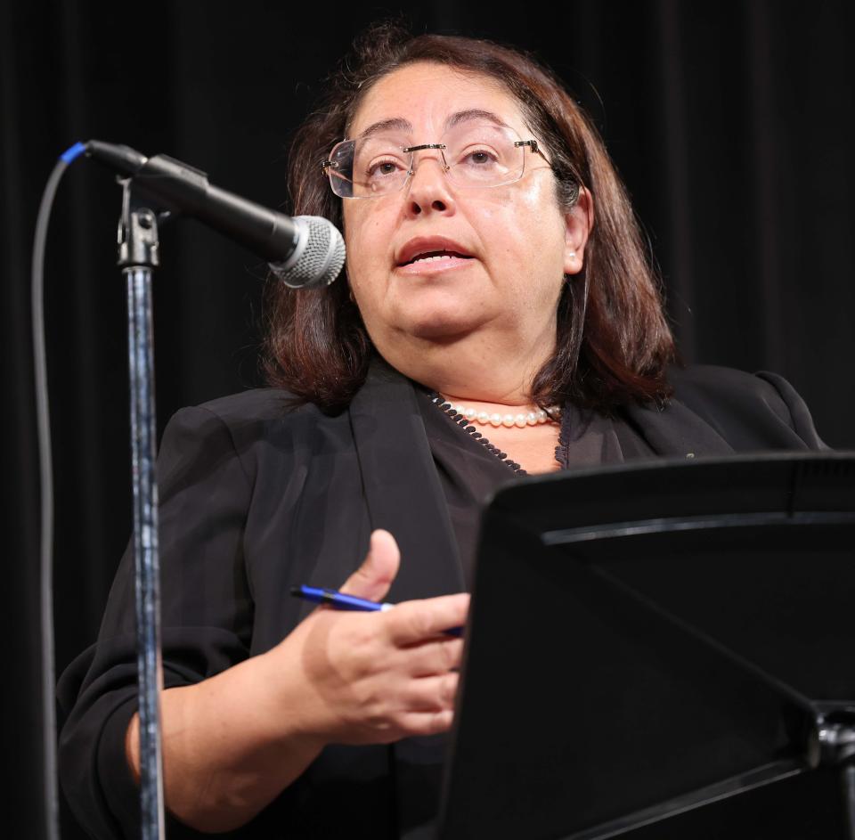 Brockton Ward 7 City Councilor Shirley Asack speaks at a forum sponsored by the Brockton Area Branch NAACP in the Brockton High School auditorium on Thursday, Aug. 25, 2022. Asack is one of three candidates vying for the new all-Brockton 11th Plymouth state representative seat.